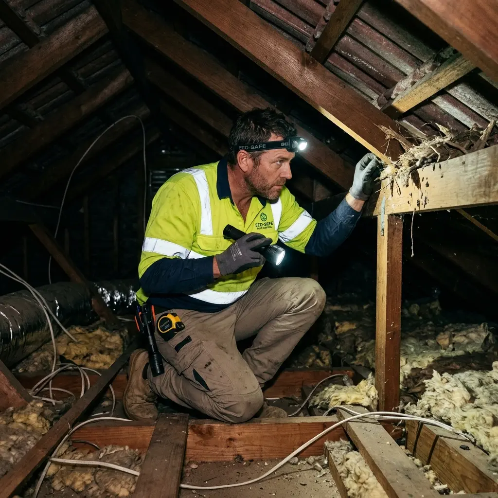 Technician inspecting a roof cavity for a dead animal in Cockatoo