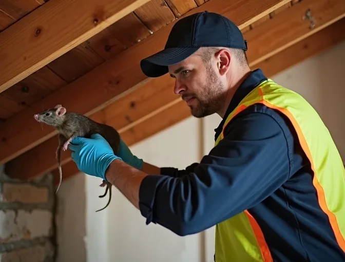 Technician inspecting a roof cavity for a dead rat in Cockatoo